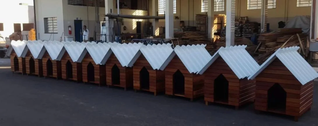 Fileira de casinhas de madeira recém-construídas dentro da marcenaria