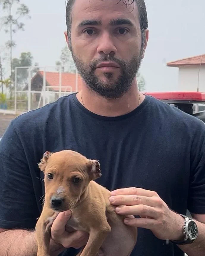 Capitão Cacciari segurando um cão filhote resgatado